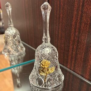 Vintage Glass Dinner Bell with Glass Handle Decorated with Golden Rose